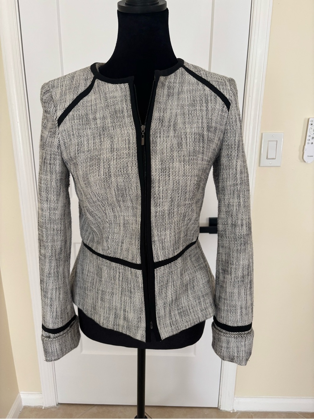 Anne Klein Black-Trim Gray Tweed Zip Blazer